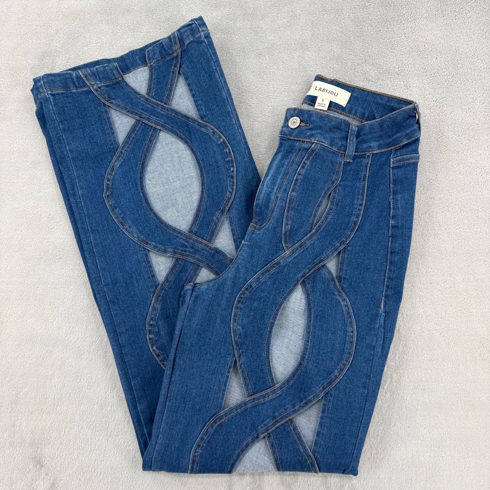 Labijou Medium Wash Wavy Cut Out Geometric Denim Jeans Blue Womens Size Small